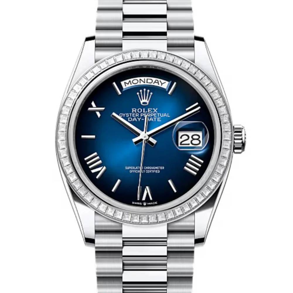 2024 Release Rolex Day-Date 36 mm | Platinum President bracelet | Blue ombre dial Diamond bezel | Men's Watch 128396TBR