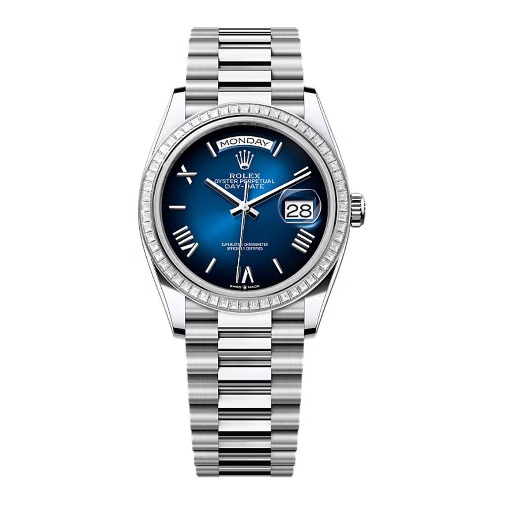 2024 Release Rolex Day-Date 36 mm | Platinum President bracelet | Blue ombre dial Diamond bezel | Men's Watch 128396TBR