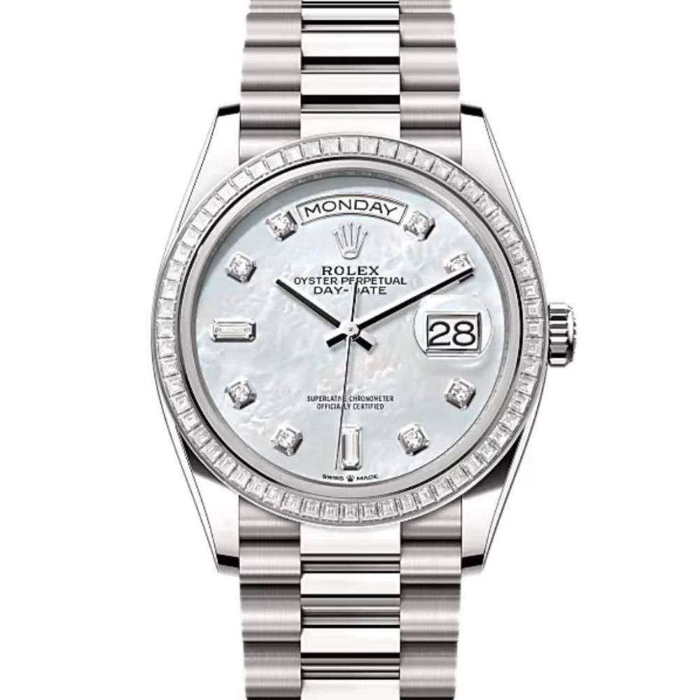 2024 Release Rolex Day-Date 36 mm | 18k white gold President bracelet | White mother-of-pearl dial Diamond bezel | Men's Watch 128399TBR