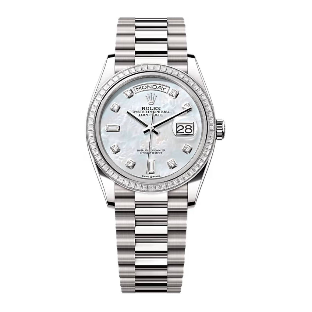 Rolex Day-Date 36 mm | 18k white gold President bracelet | White mother-of-pearl dial Diamond bezel | Men's Watch 128399TBR