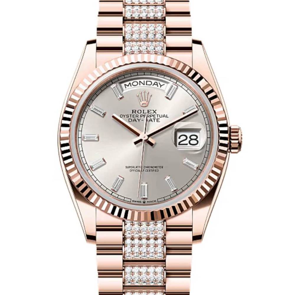 2024 Release Rolex Day-Date 36 mm | 18k Everose gold Diamond President bracelet | Silver dial Fluted bezel | Men's Watch 128235