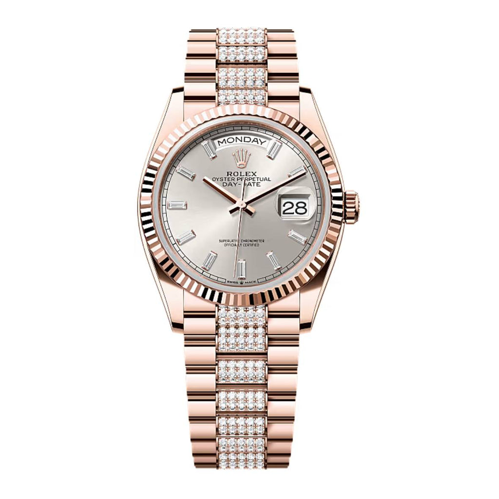 2024 Release Rolex Day-Date 36 mm | 18k Everose gold Diamond President bracelet | Silver dial Fluted bezel | Men's Watch 128235