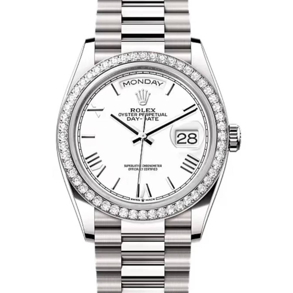 2024 Release Rolex Day-Date 36 mm | 18k white gold President bracelet | White dial Diamond bezel | Men's Watch 128349RBR