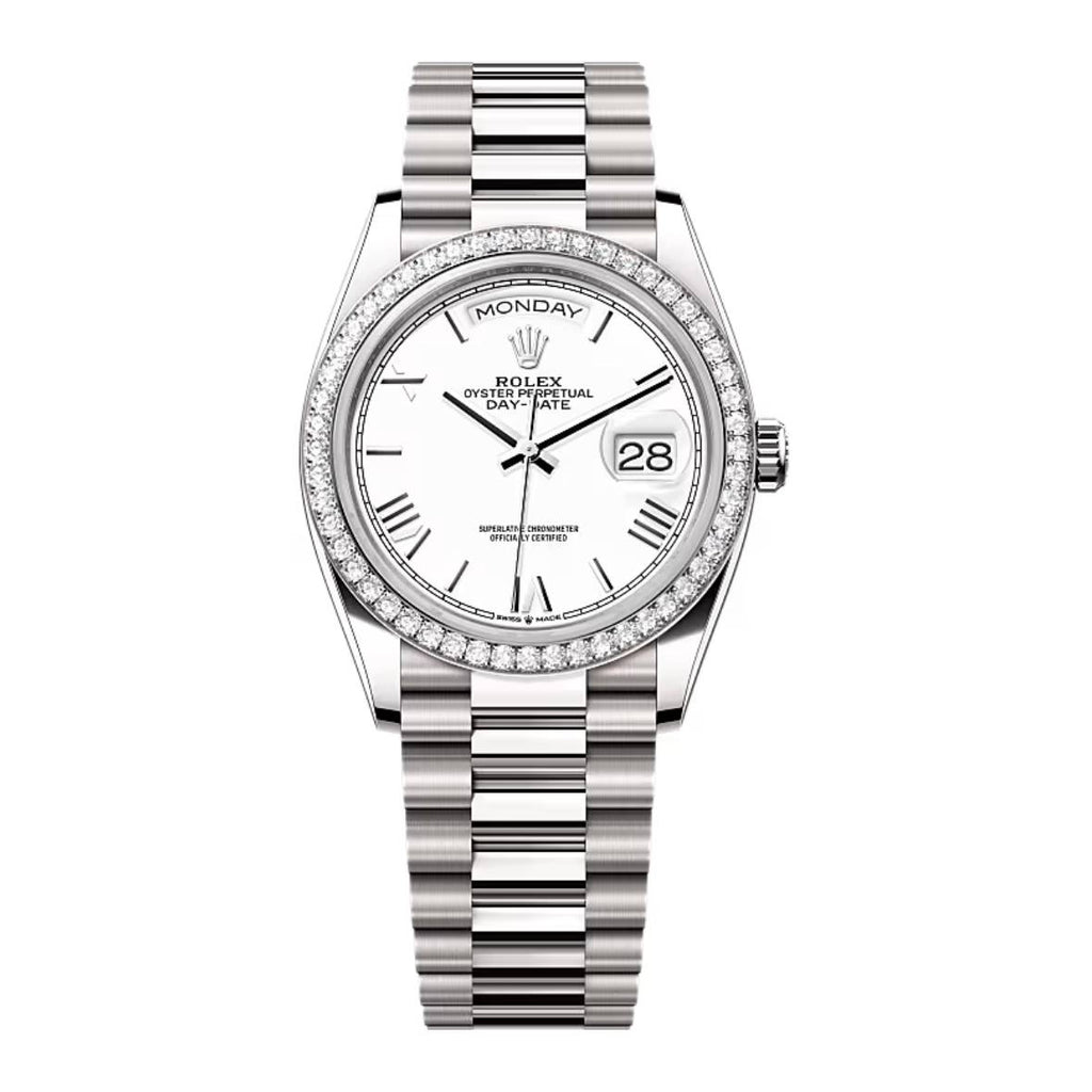 Rolex Day-Date 36 mm | 18k white gold President bracelet | White dial Diamond bezel | Men's Watch 128349RBR