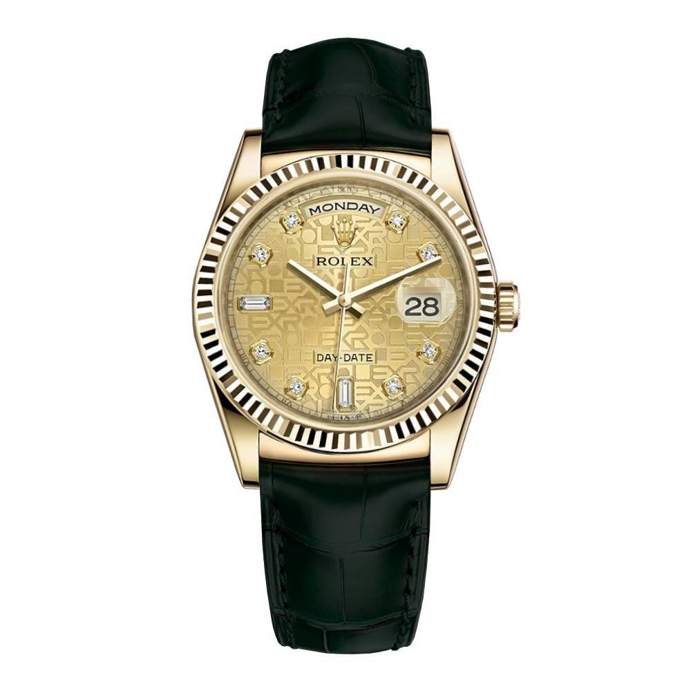 Rolex Day Date 36mm - Ref: 118138 - Champagne Jubilee Diamond Dial, 18K Yellow Gold & Black Leather Strap Watch