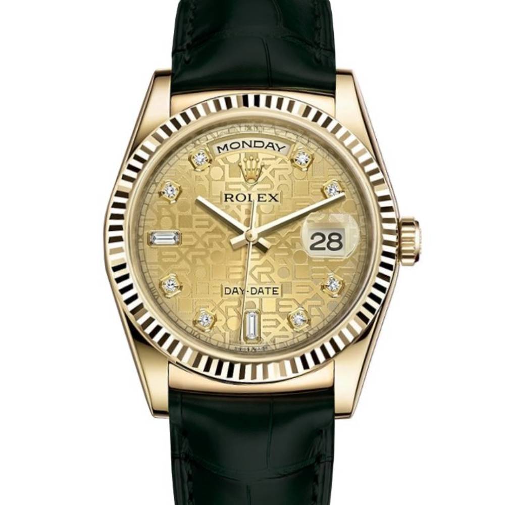 Rolex Day Date 36mm - Ref: 118138 - Champagne Jubilee Diamond Dial, 18K Yellow Gold & Black Leather Strap Watch