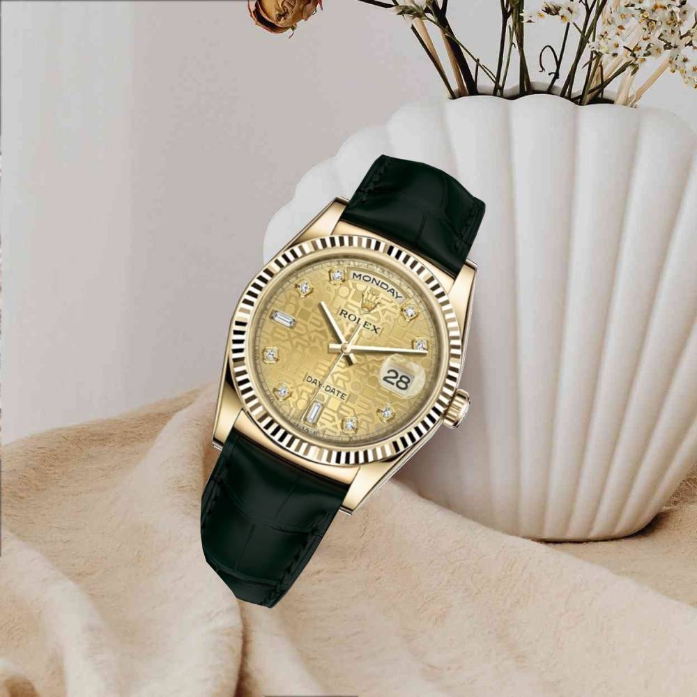 Rolex Day Date 36mm - Ref: 118138 - Champagne Jubilee Diamond Dial, 18K Yellow Gold & Black Leather Strap Watch