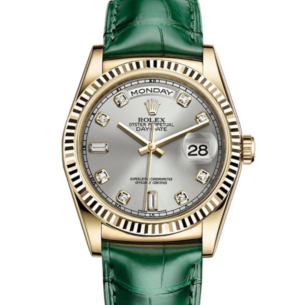 Rolex Day Date 36mm - Ref: 118138 - Silver Jubilee Diamond Dial, 18K Yellow Gold & Green Leather Strap Watch