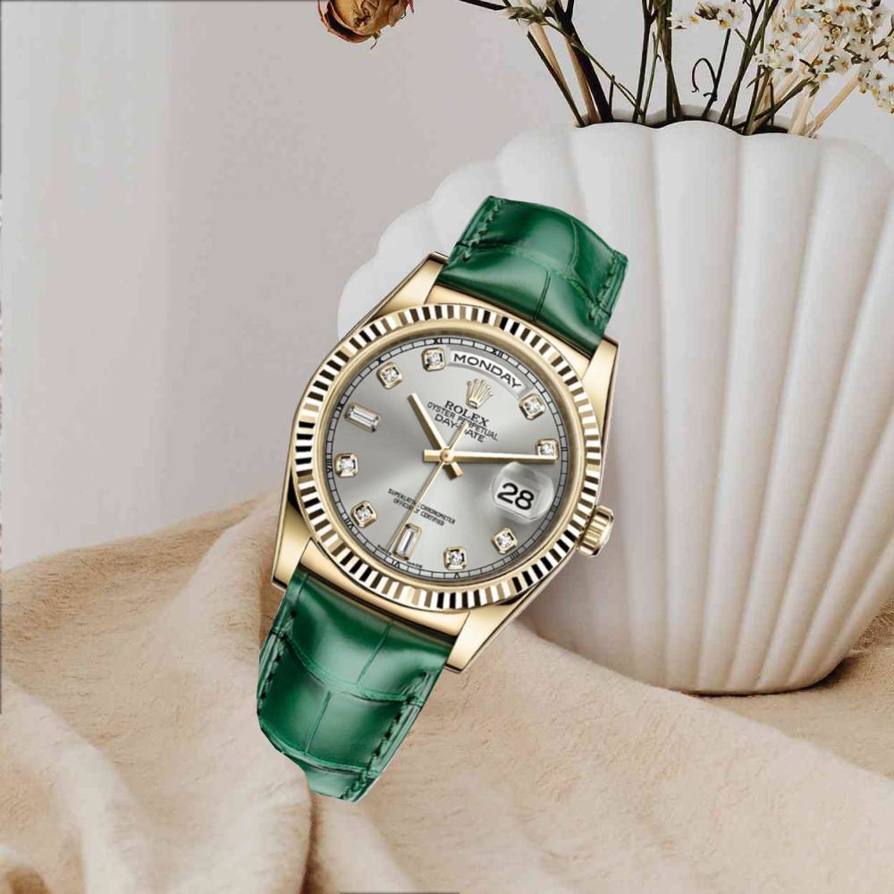 Rolex Day Date 36mm - Ref: 118138 - Silver Jubilee Diamond Dial, 18K Yellow Gold & Green Leather Strap Watch