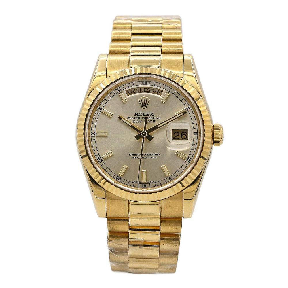 Rolex Day Date 36mm - Ref: 118238sip - Silver Dial & Fluted Bezel, 18K Yellow Gold President Bracelet Watch