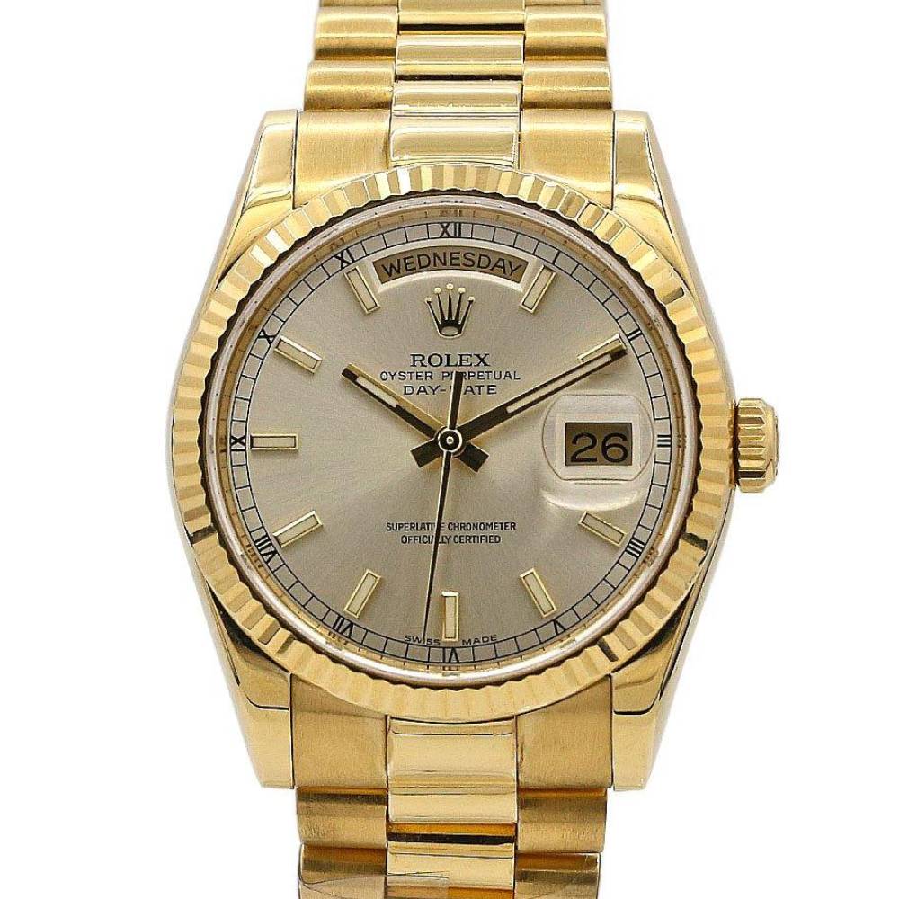 Rolex Day Date 36mm - Ref: 118238sip - Silver Dial & Fluted Bezel, 18K Yellow Gold President Bracelet Watch