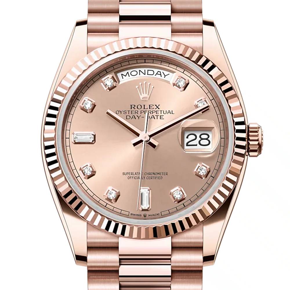 Rolex Day Date 36mm - Ref: 128235-0009 - Rose Diamond Dial & Fluted Bezel, 18K Rose Gold President Bracelet Watch