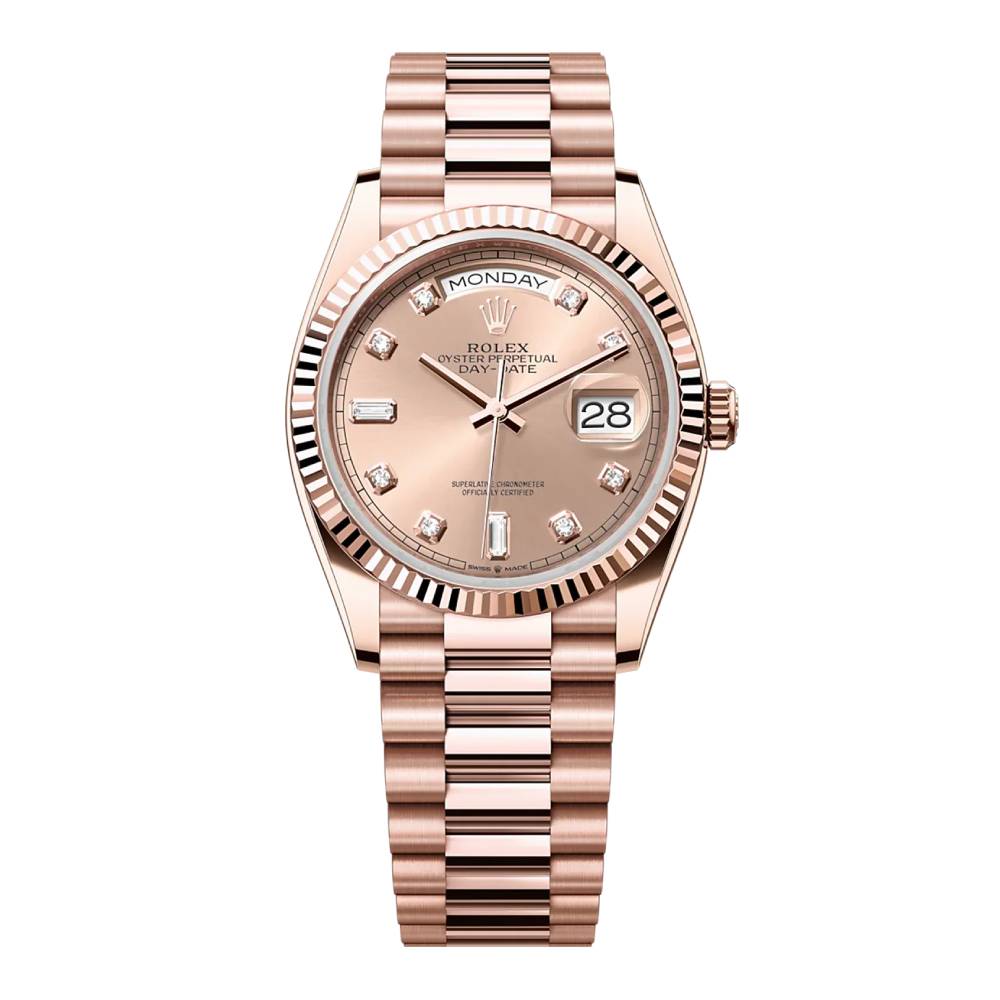 Rolex Day Date 36mm - Ref: 128235-0009 - Rose Diamond Dial & Fluted Bezel, 18K Rose Gold President Bracelet Watch