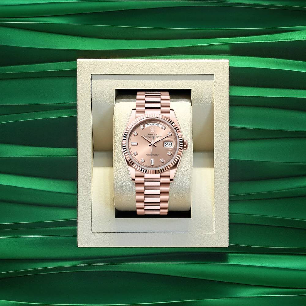 Rolex Day Date 36mm - Ref: 128235-0009 - Rose Diamond Dial & Fluted Bezel, 18K Rose Gold President Bracelet Watch