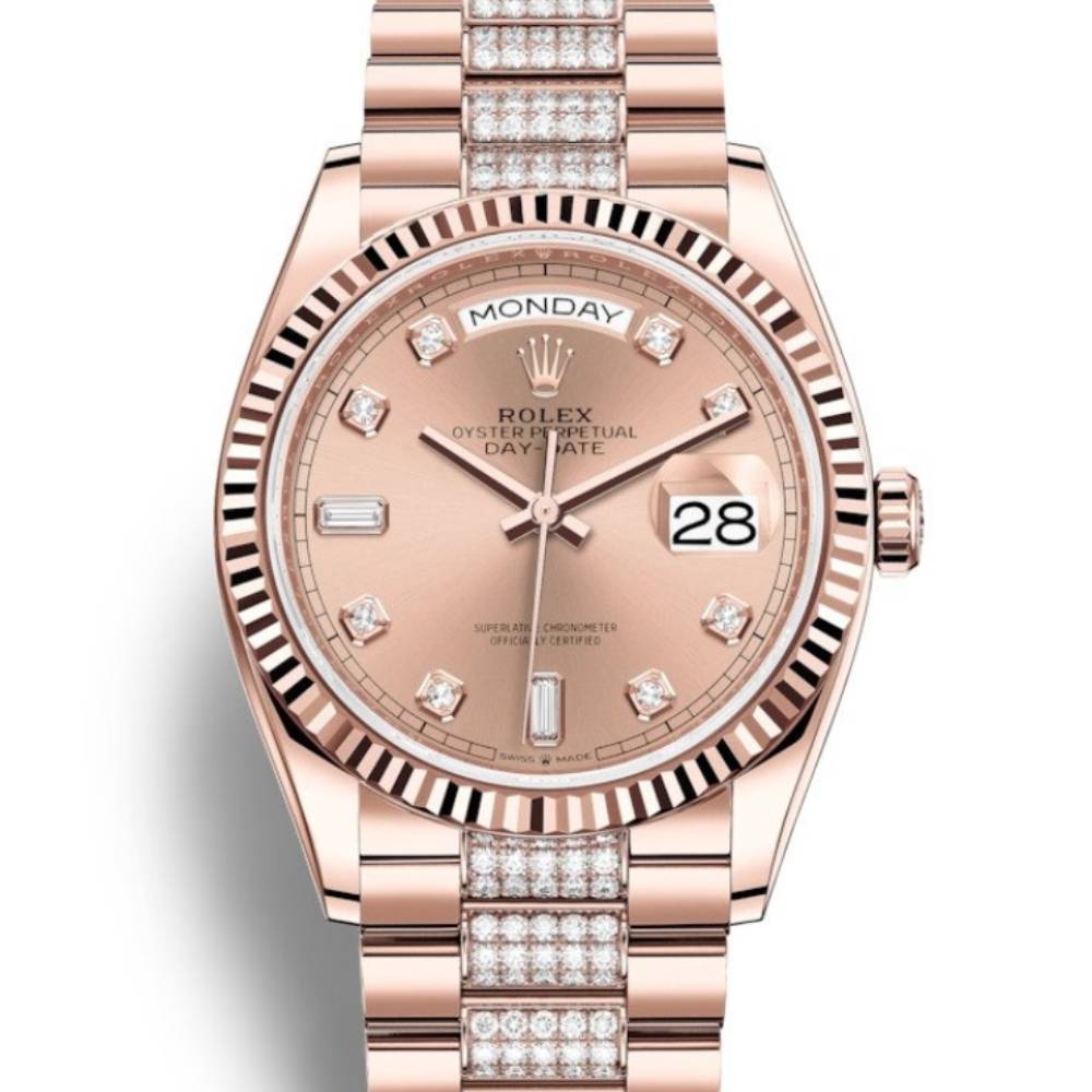 Rolex Day Date 36mm - Ref: 128235-0019 - Rose Diamond Dial & Diamond Bezel, 18K Rose Gold & Diamonds President Bracelet Watch