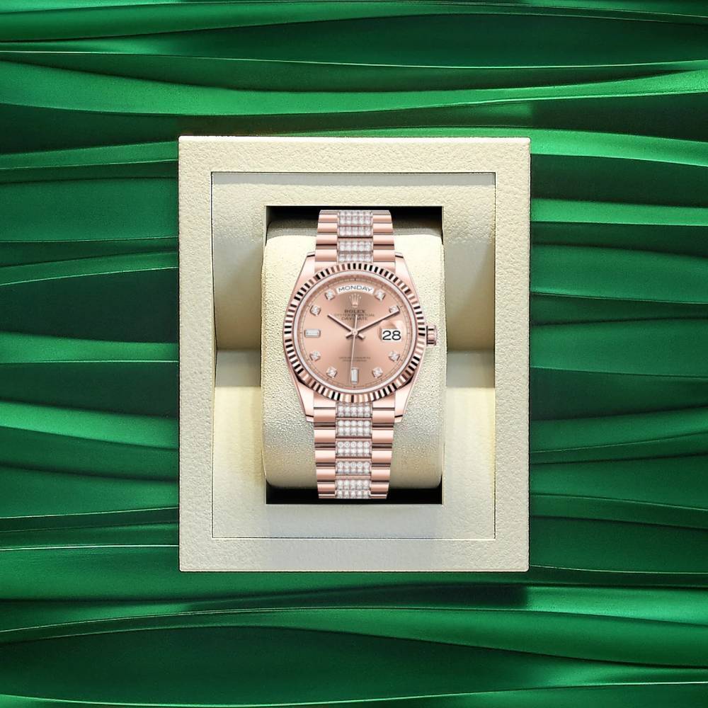 Rolex Day Date 36mm - Ref: 128235-0019 - Rose Diamond Dial & Diamond Bezel, 18K Rose Gold & Diamonds President Bracelet Watch