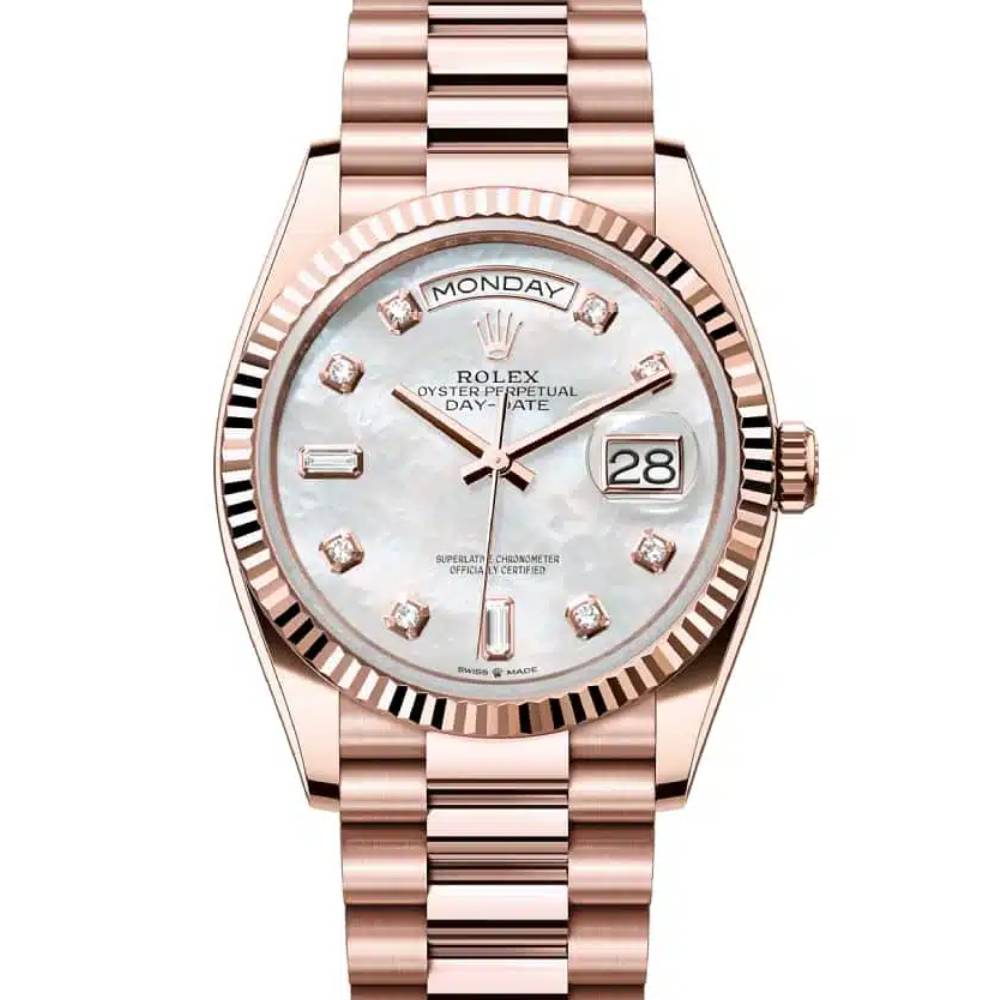 Rolex Day Date 36mm - Ref: 128235-0029 - White Mother of Pearl Diamond Dial & Fluted Bezel, 18K Rose Gold President Bracelet Watch