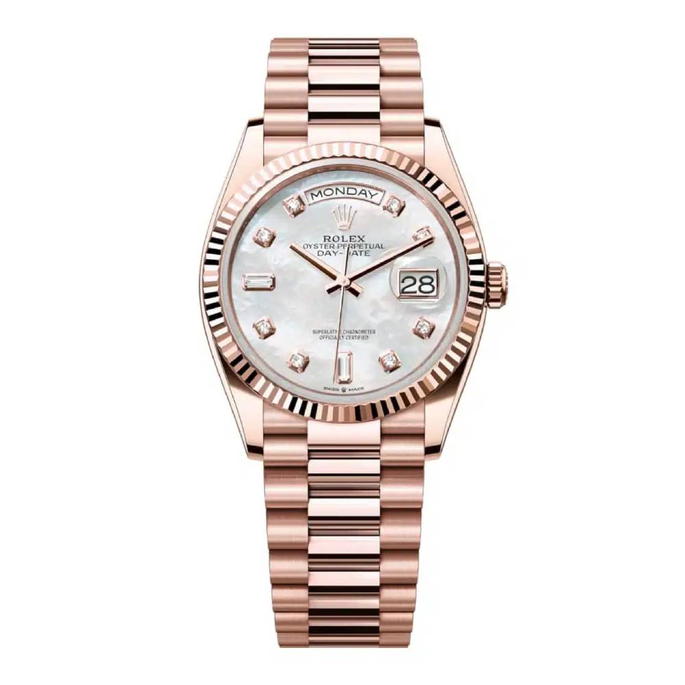 Rolex Day Date 36mm - Ref: 128235-0029 - White Mother of Pearl Diamond Dial & Fluted Bezel, 18K Rose Gold President Bracelet Watch