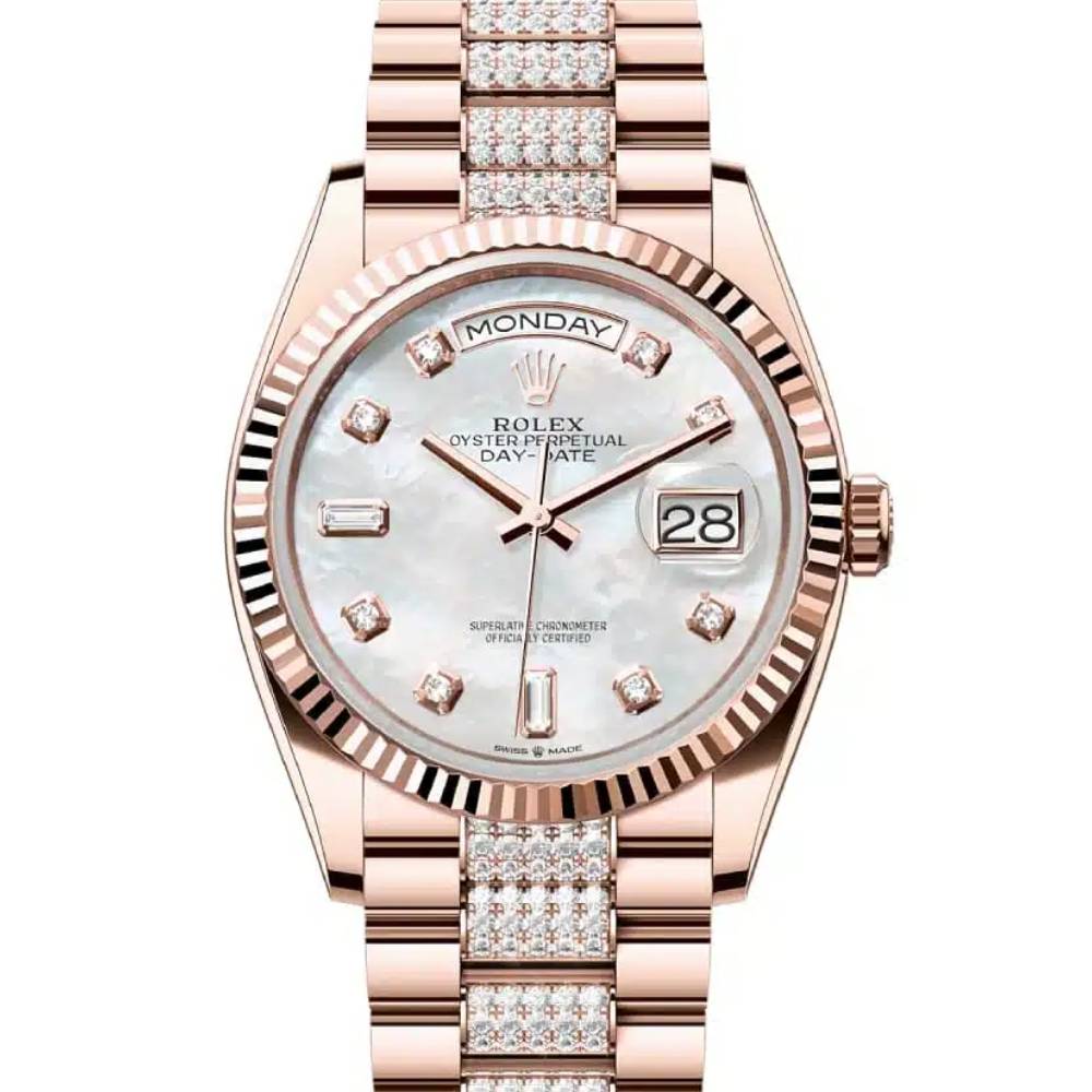 Rolex Day Date 36mm - Ref: 128235-0032 - White Mother of Pearl Diamond Dial & Fluted Bezel, 18K Rose Gold & Diamonds President Bracelet Watch