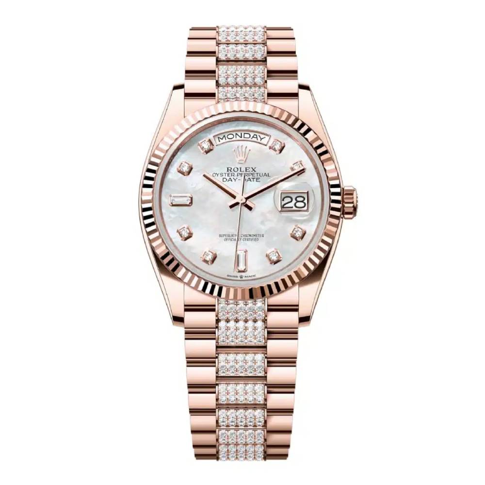 Rolex Day Date 36mm - Ref: 128235-0032 - White Mother of Pearl Diamond Dial & Fluted Bezel, 18K Rose Gold & Diamonds President Bracelet Watch