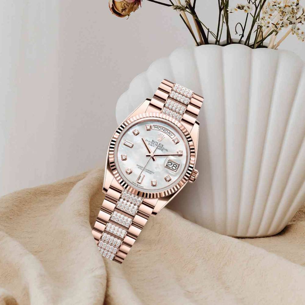 Rolex Day Date 36mm - Ref: 128235-0032 - White Mother of Pearl Diamond Dial & Fluted Bezel, 18K Rose Gold & Diamonds President Bracelet Watch