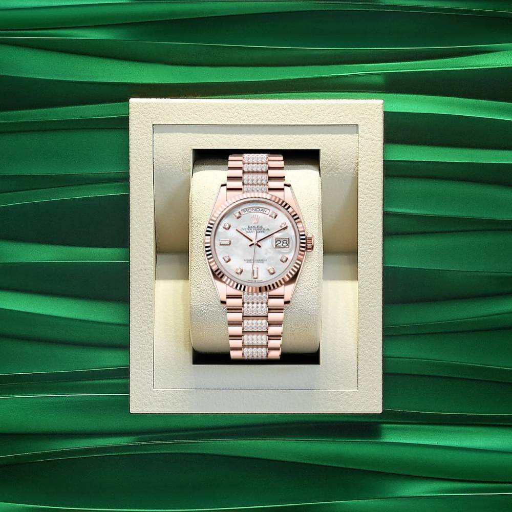 Rolex Day Date 36mm - Ref: 128235-0032 - White Mother of Pearl Diamond Dial & Fluted Bezel, 18K Rose Gold & Diamonds President Bracelet Watch