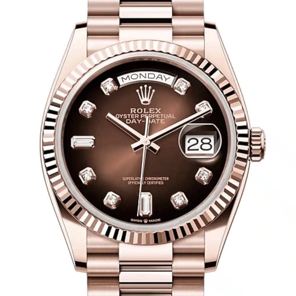 Rolex Day Date 36mm - Ref: 128235-0037 - Brown Ombre Diamond Dial & Fluted Bezel, 18K Rose Gold President Bracelet Watch