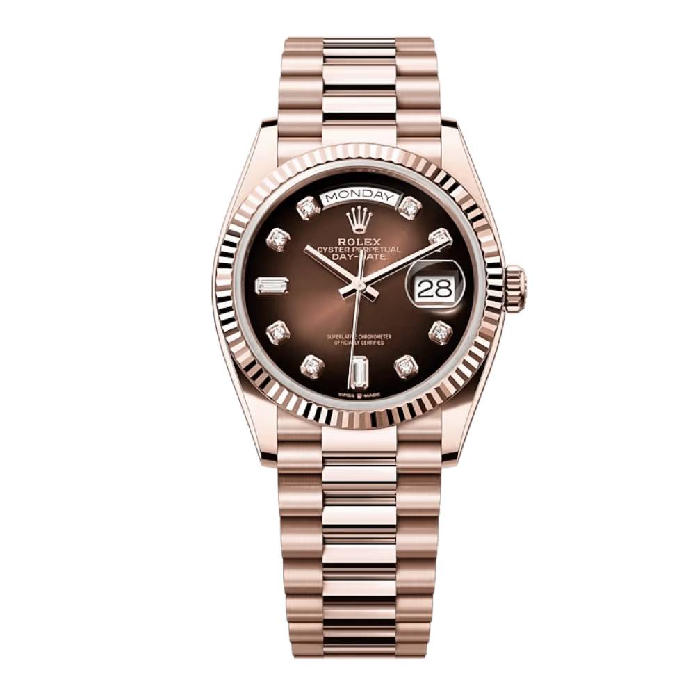 Rolex Day Date 36mm - Ref: 128235-0037 - Brown Ombre Diamond Dial & Fluted Bezel, 18K Rose Gold President Bracelet Watch