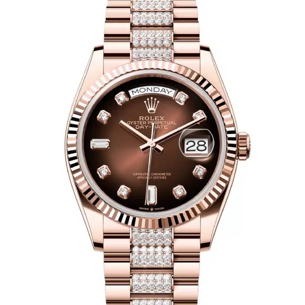 Rolex Day Date 36mm - Ref: 128235-0038 - Brown Ombre Diamond Dial & Fluted Bezel, 18K Rose Gold & Diamonds President Bracelet Watch