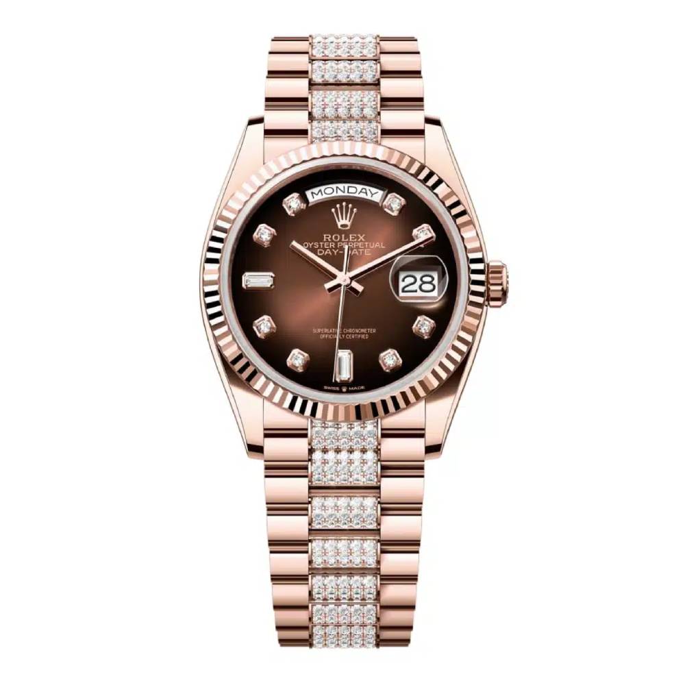 Rolex Day Date 36mm - Ref: 128235-0038 - Brown Ombre Diamond Dial & Fluted Bezel, 18K Rose Gold & Diamonds President Bracelet Watch