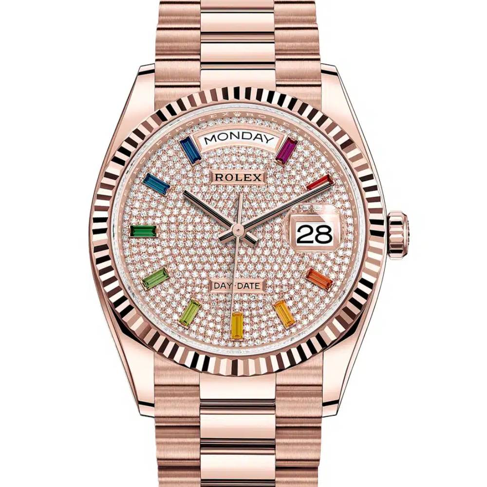 Rolex Day Date 36mm - Ref: 128235-0039 - Pave Rainbow Diamond Dial & Fluted Bezel, 18K Rose Gold President Bracelet Watch