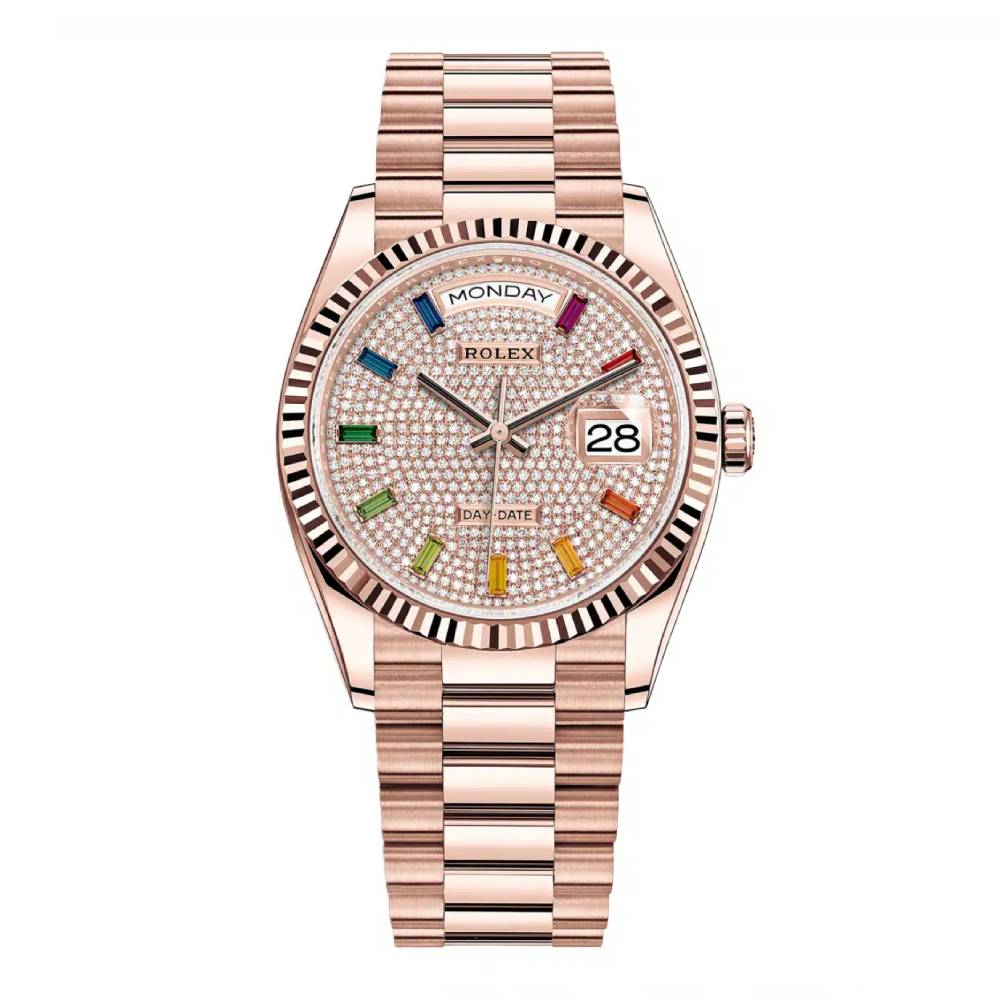 Rolex Day Date 36mm - Ref: 128235-0039 - Pave Rainbow Diamond Dial & Fluted Bezel, 18K Rose Gold President Bracelet Watch