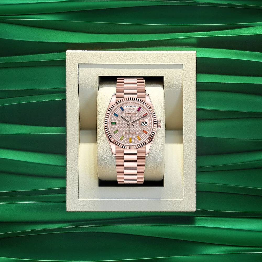 Rolex Day Date 36mm - Ref: 128235-0039 - Pave Rainbow Diamond Dial & Fluted Bezel, 18K Rose Gold President Bracelet Watch