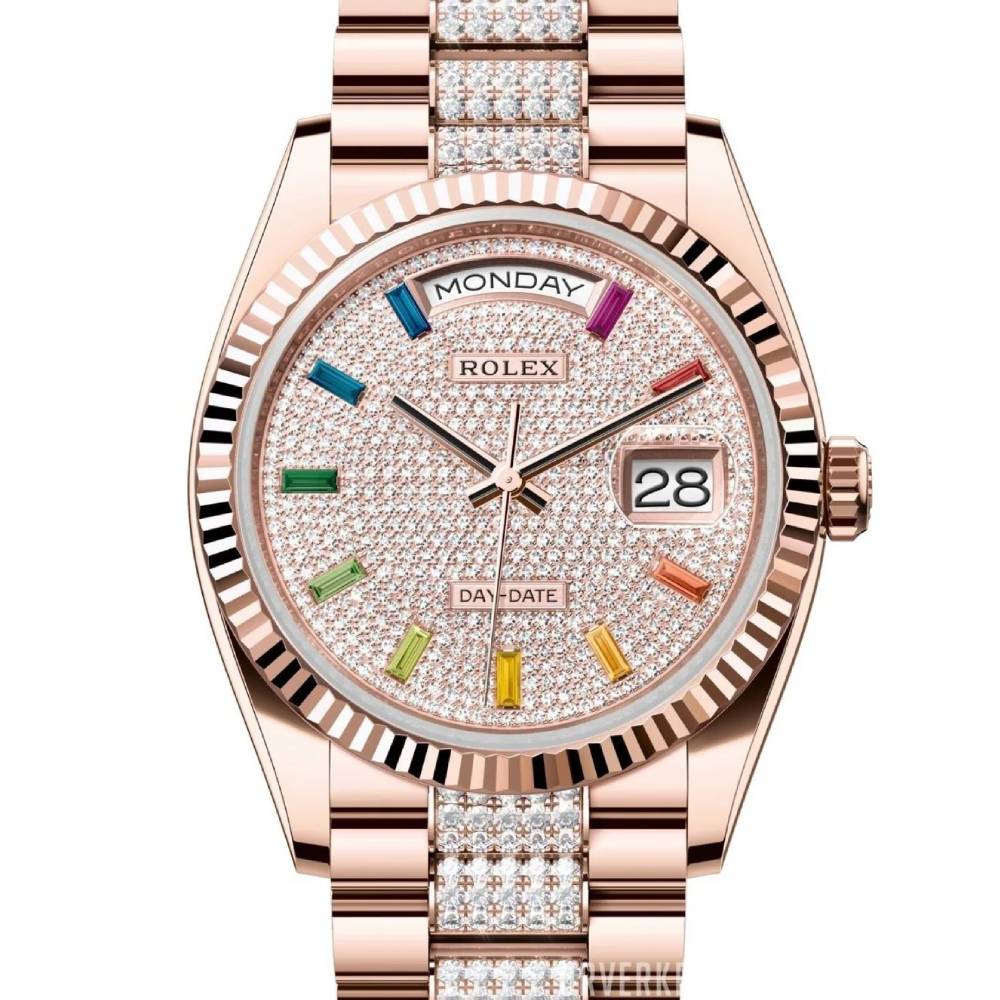 Rolex Day Date 36mm - Ref: 128235-0040 - Pave Rainbow Diamond Dial & Fluted Bezel, 18K Rose Gold & Diamonds President Bracelet Watch