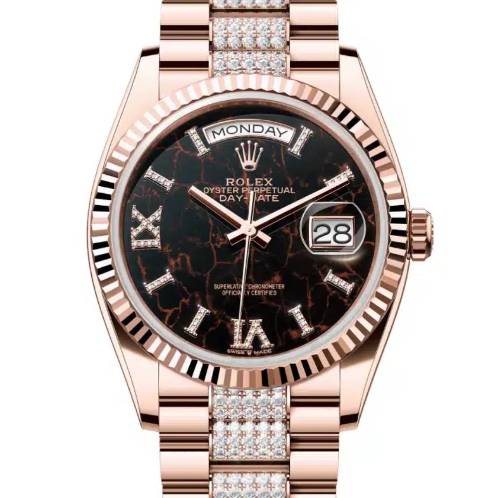 Rolex Day Date 36mm - Ref: 128235-0042 - Eisenkiesel Roman Dial & Fluted Bezel, 18K Rose Gold & Diamonds President Bracelet Watch