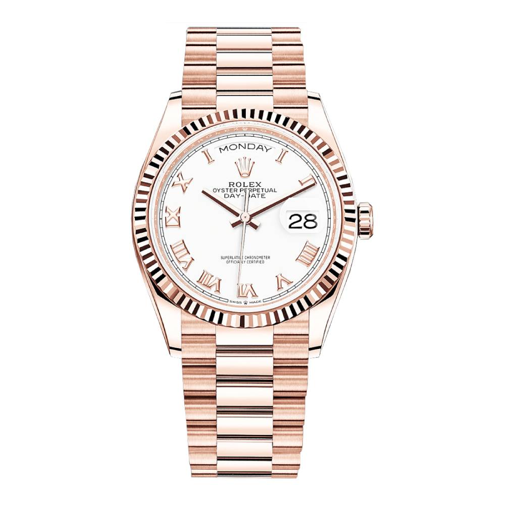 Rolex Day Date 36mm - Ref: 128235-0052 - White Roman Dial 18K Rose Gold President Bracelet Watch