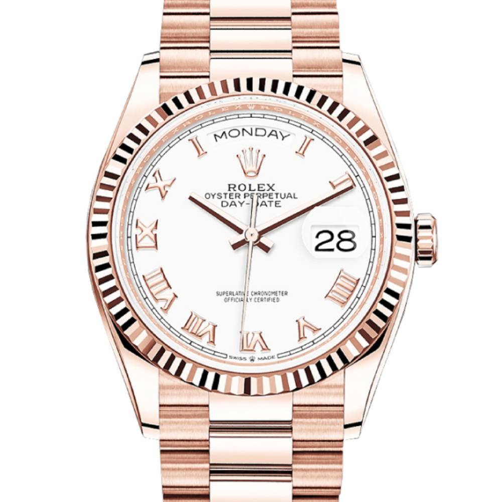 Rolex Day Date 36mm - Ref: 128235-0052 - White Roman Dial 18K Rose Gold President Bracelet Watch