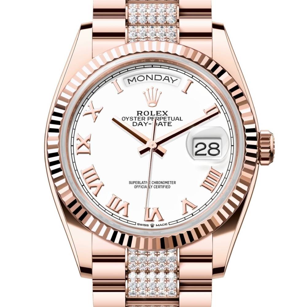 Rolex Day Date 36mm - Ref: 128235-0053 - White Roman Dial 18K Rose Gold & Diamonds President Bracelet Watch