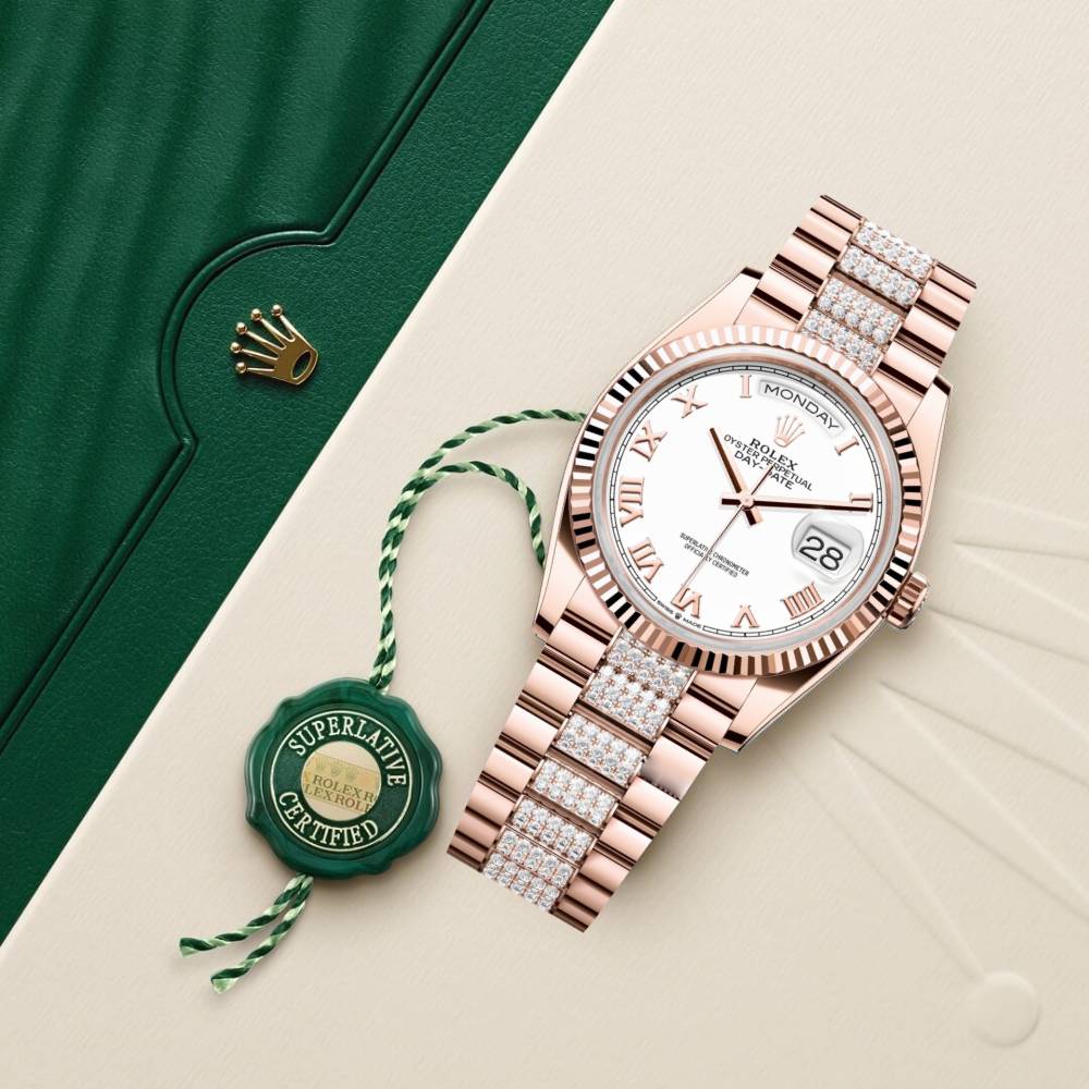 Rolex Day Date 36mm - Ref: 128235-0053 - White Roman Dial 18K Rose Gold & Diamonds President Bracelet Watch