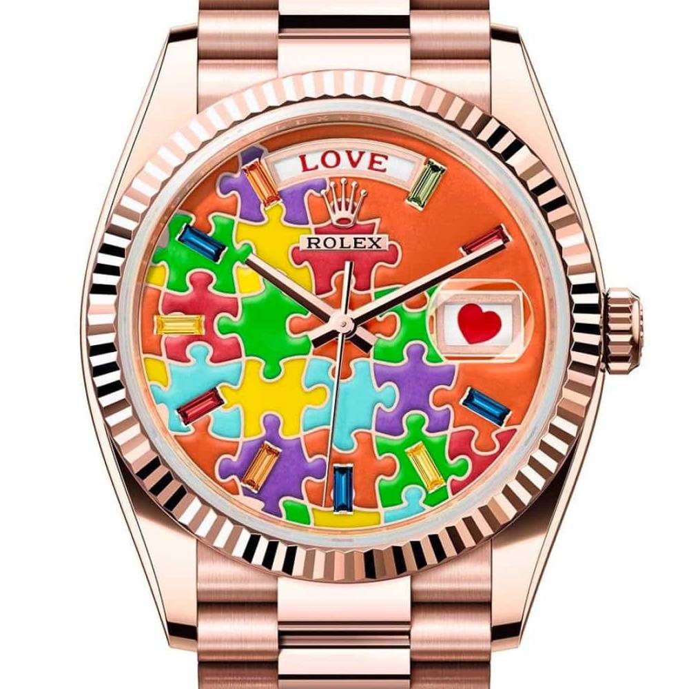 Rolex Day Date 36mm - Ref: 128235-0063 - Puzzle Emoji Jigsaw Motif Dial & Fluted Bezel, 18K Rose Gold President Bracelet Watch