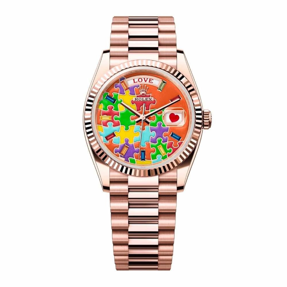 Rolex Day Date 36mm - Ref: 128235-0063 - Puzzle Emoji Jigsaw Motif Dial & Fluted Bezel, 18K Rose Gold President Bracelet Watch