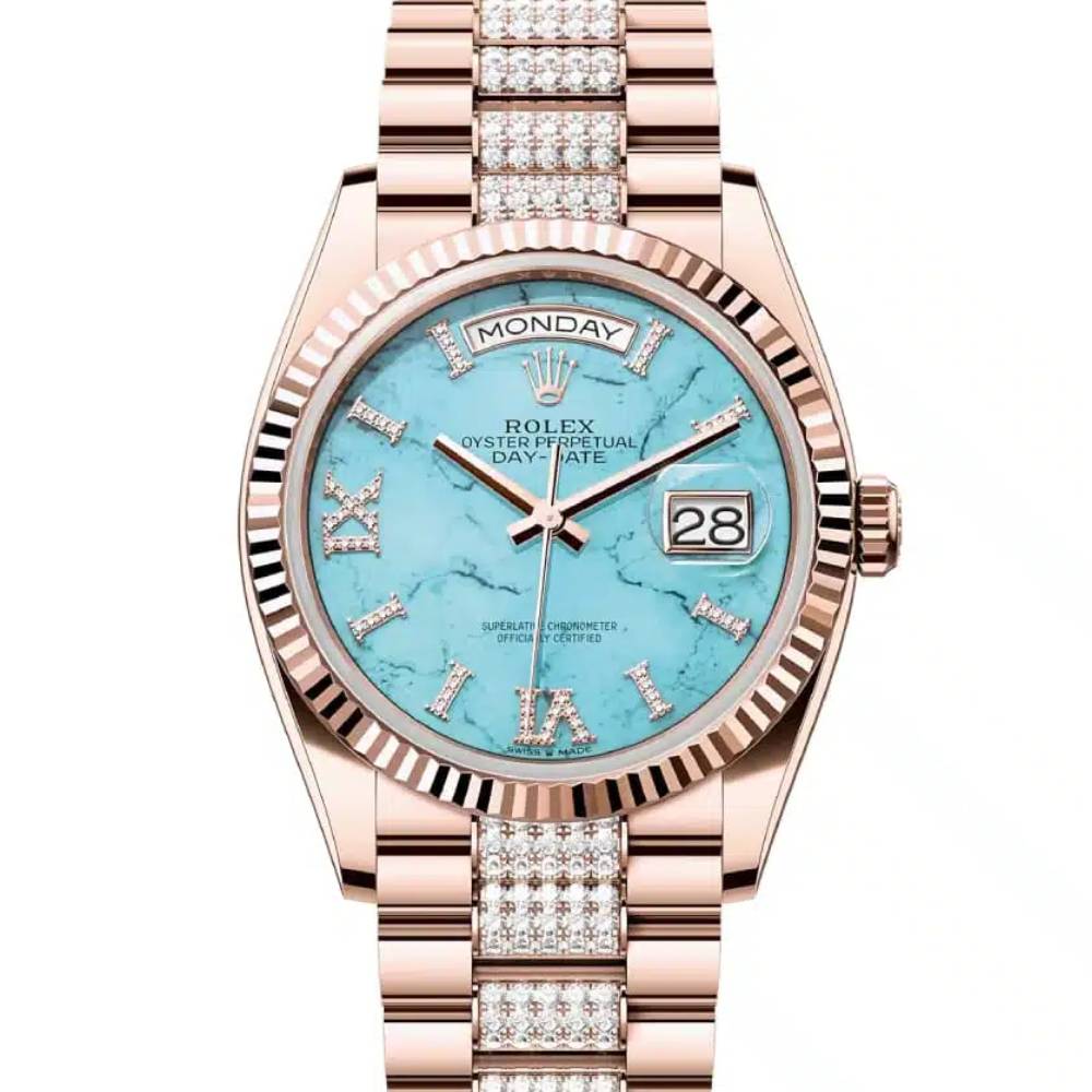 Rolex Day Date 36mm - Ref: 128235 - Blue Turquoise Diamond Dial & Fluted Bezel, 18K Rose Gold & Diamonds President Bracelet Watch