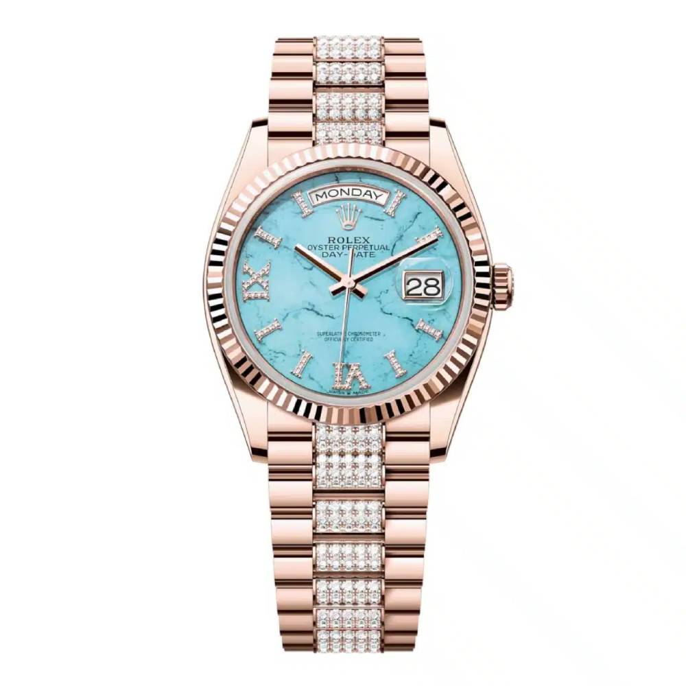 Rolex Day Date 36mm - Ref: 128235 - Blue Turquoise Diamond Dial & Fluted Bezel, 18K Rose Gold & Diamonds President Bracelet Watch