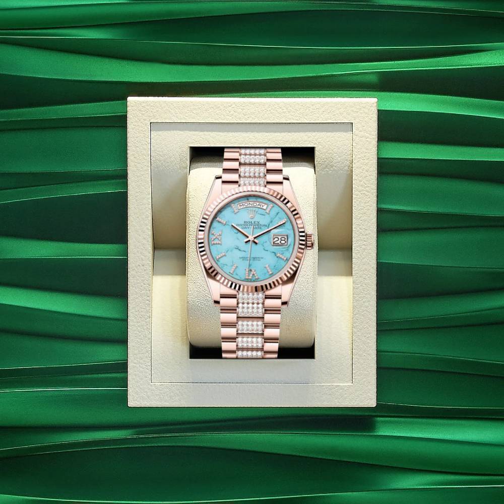 Rolex Day Date 36mm - Ref: 128235 - Blue Turquoise Diamond Dial & Fluted Bezel, 18K Rose Gold & Diamonds President Bracelet Watch