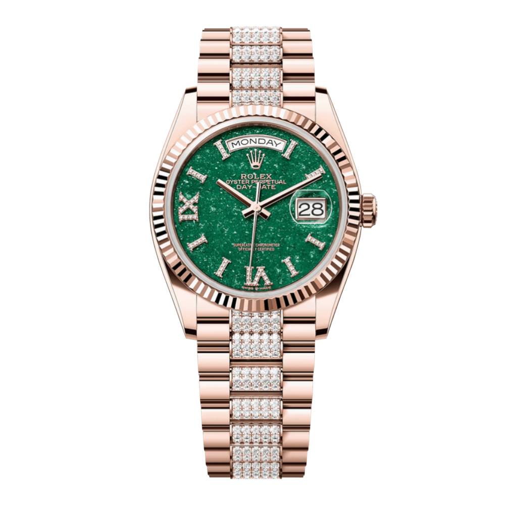 Rolex Day Date 36mm - Ref: 128235 - Green Aventurine Roman Diamond Dial & Fluted Bezel, 18K Rose Gold & Diamonds President Bracelet Watch