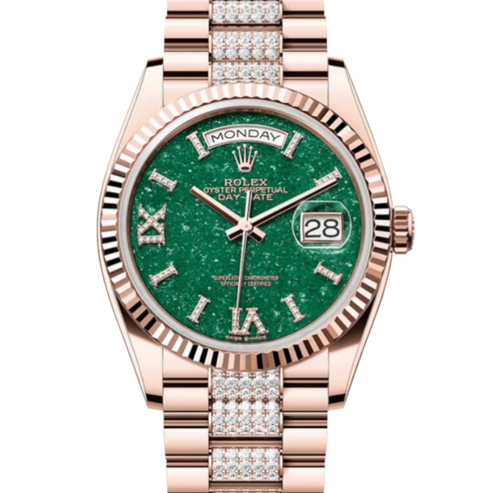 Rolex Day Date 36mm - Ref: 128235 - Green Aventurine Roman Diamond Dial & Fluted Bezel, 18K Rose Gold & Diamonds President Bracelet Watch