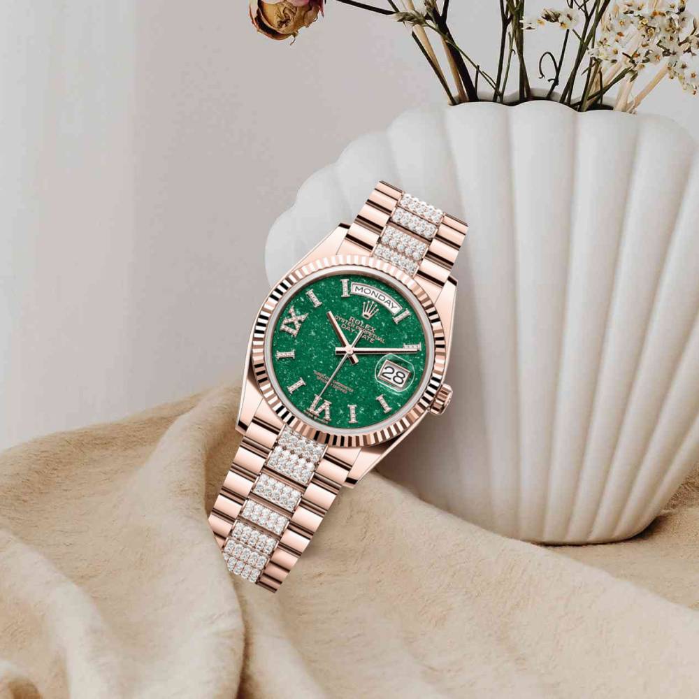 Rolex Day Date 36mm - Ref: 128235 - Green Aventurine Roman Diamond Dial & Fluted Bezel, 18K Rose Gold & Diamonds President Bracelet Watch