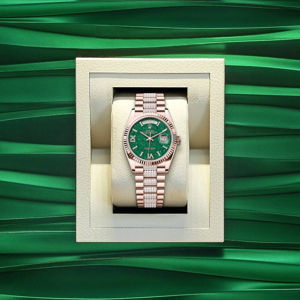 Rolex Day Date 36mm - Ref: 128235 - Green Aventurine Roman Diamond Dial & Fluted Bezel, 18K Rose Gold & Diamonds President Bracelet Watch