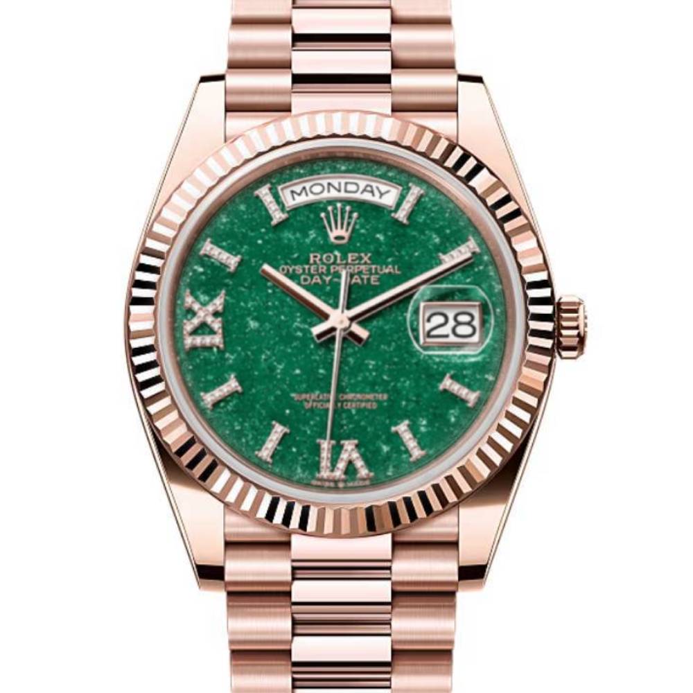 Rolex Day Date 36mm - Ref: 128235 - Green Aventurine Roman Diamond Dial & Fluted Bezel, 18K Rose Gold President Bracelet Watch