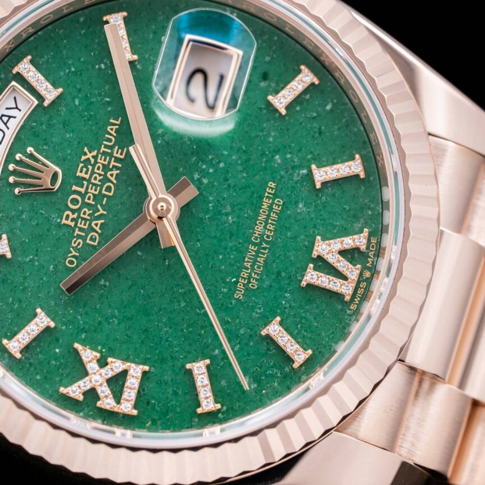 Rolex Day Date 36mm - Ref: 128235 - Green Aventurine Roman Diamond Dial & Fluted Bezel, 18K Rose Gold President Bracelet Watch